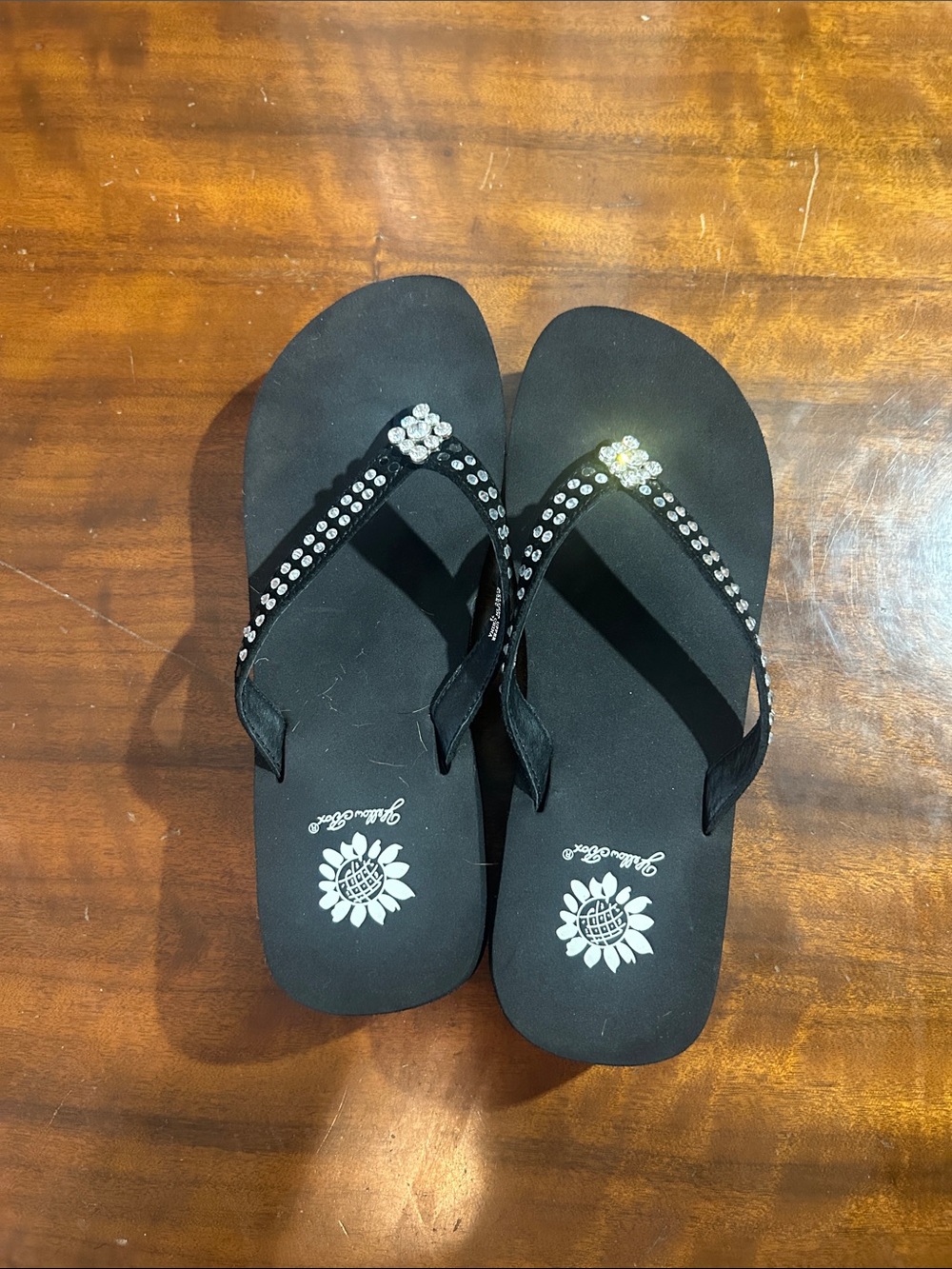 Yellow Box Black Rhinestone Floral Flip Flop Sandals